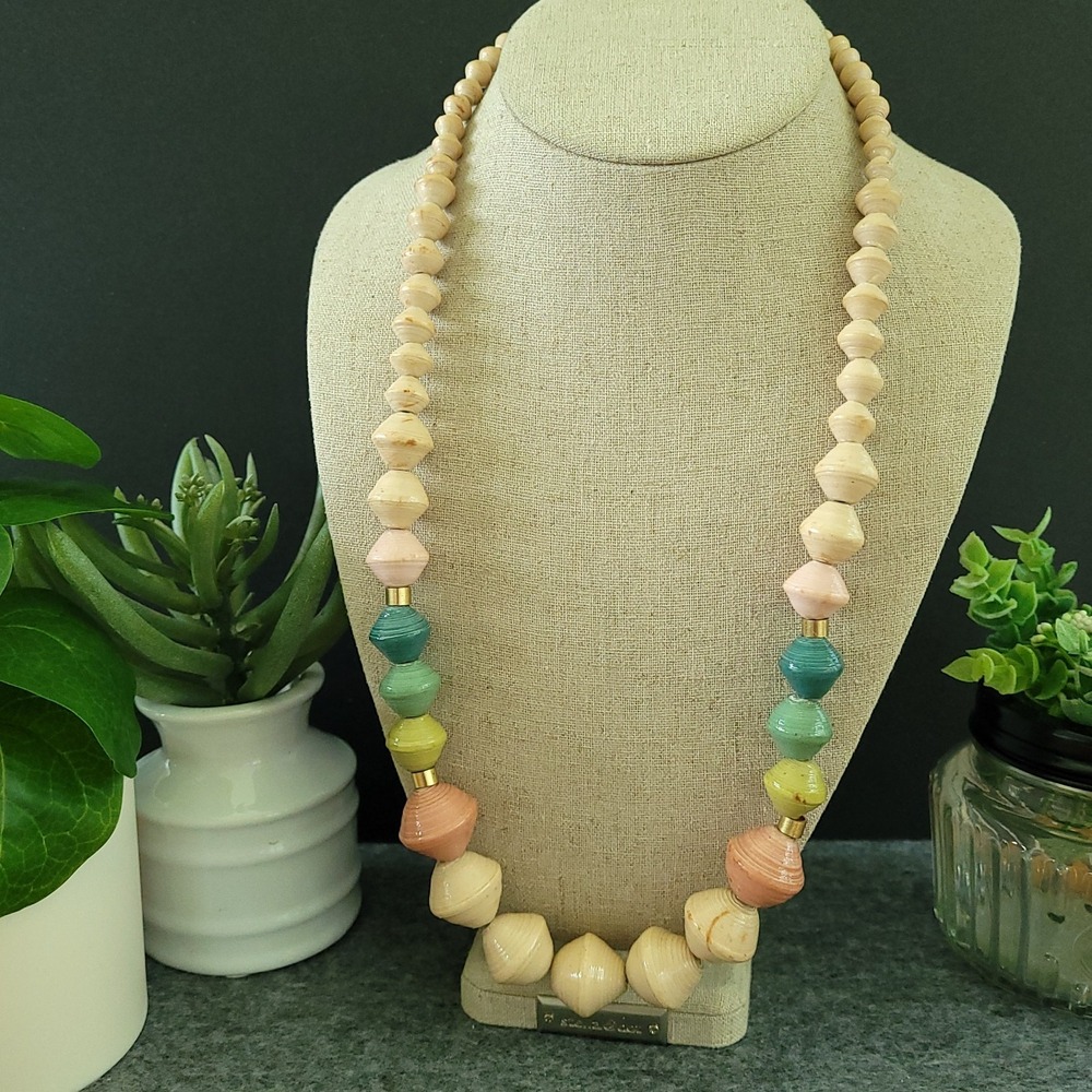 Handmade Uganda Recycled Paper Bicone Bead Brass Spacer Necklace 24in